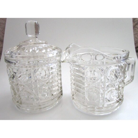 Vintage Indiana Clear Glass Windsor Pattern - Creamer & Lidded Sugar Bowl Set - Picture 1 of 16